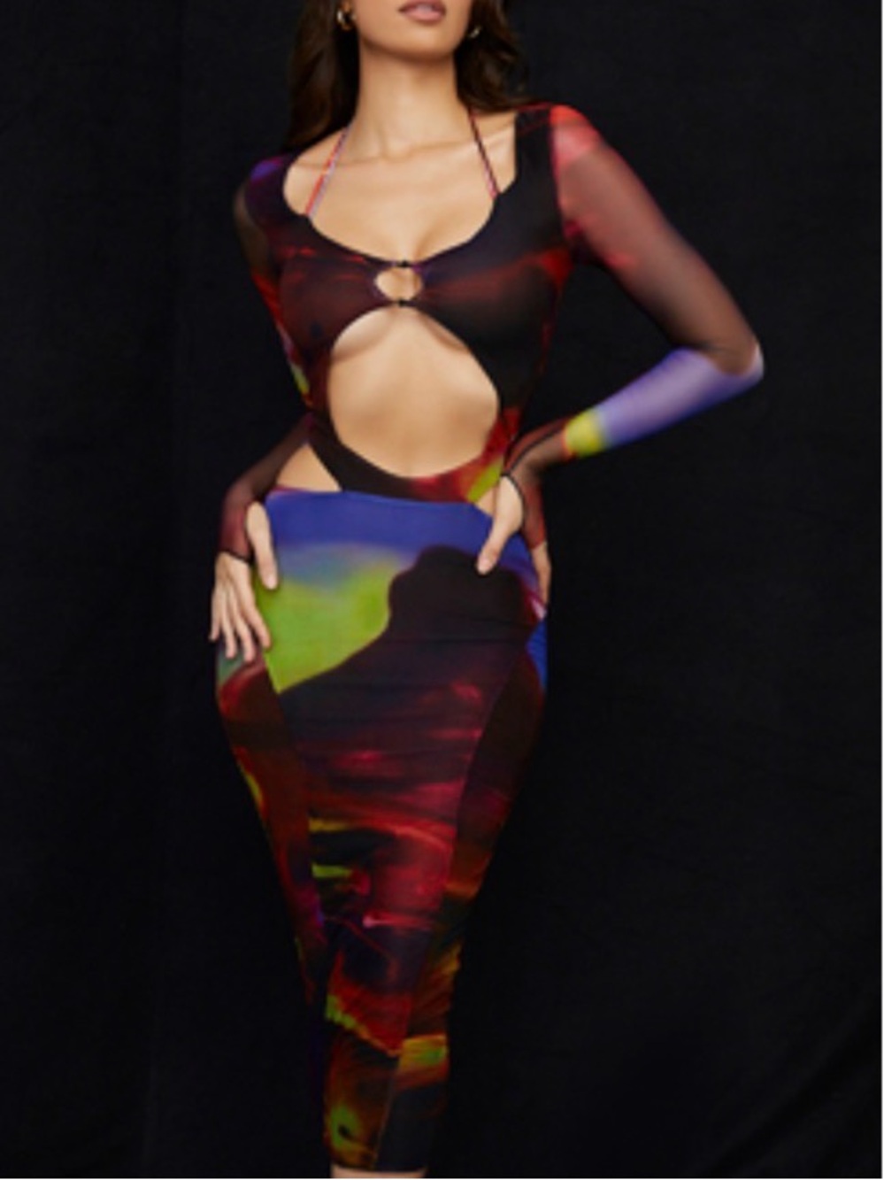 House of CB Multicolor Long Sleeve Cut-Out Midi Dress